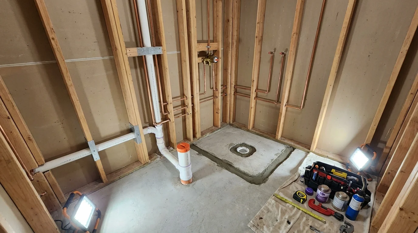 Bathroom rough-in plumbing during remodel by Johns Plumbing LLC in Lewisburg
