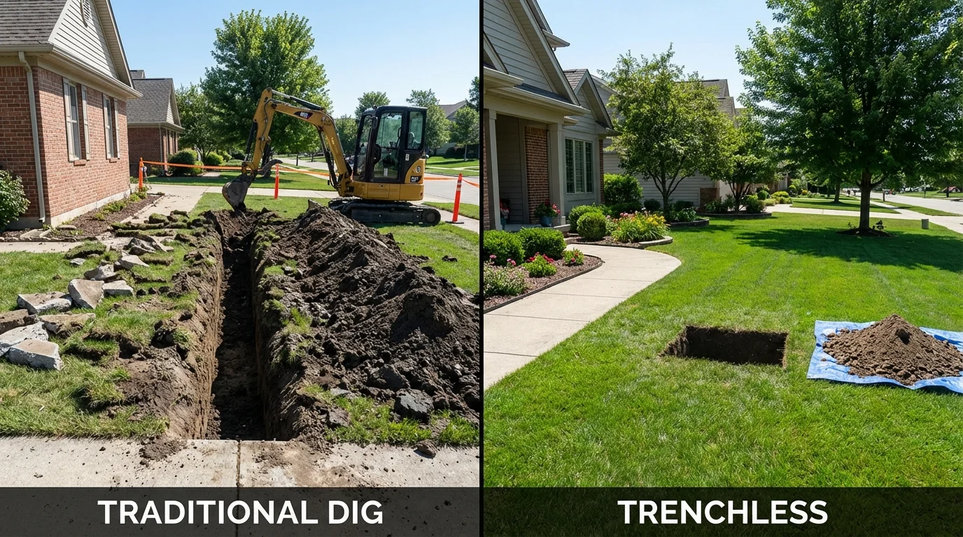 Trenchless sewer repair with minimal yard damage versus traditional excavation in Lewisburg, TN