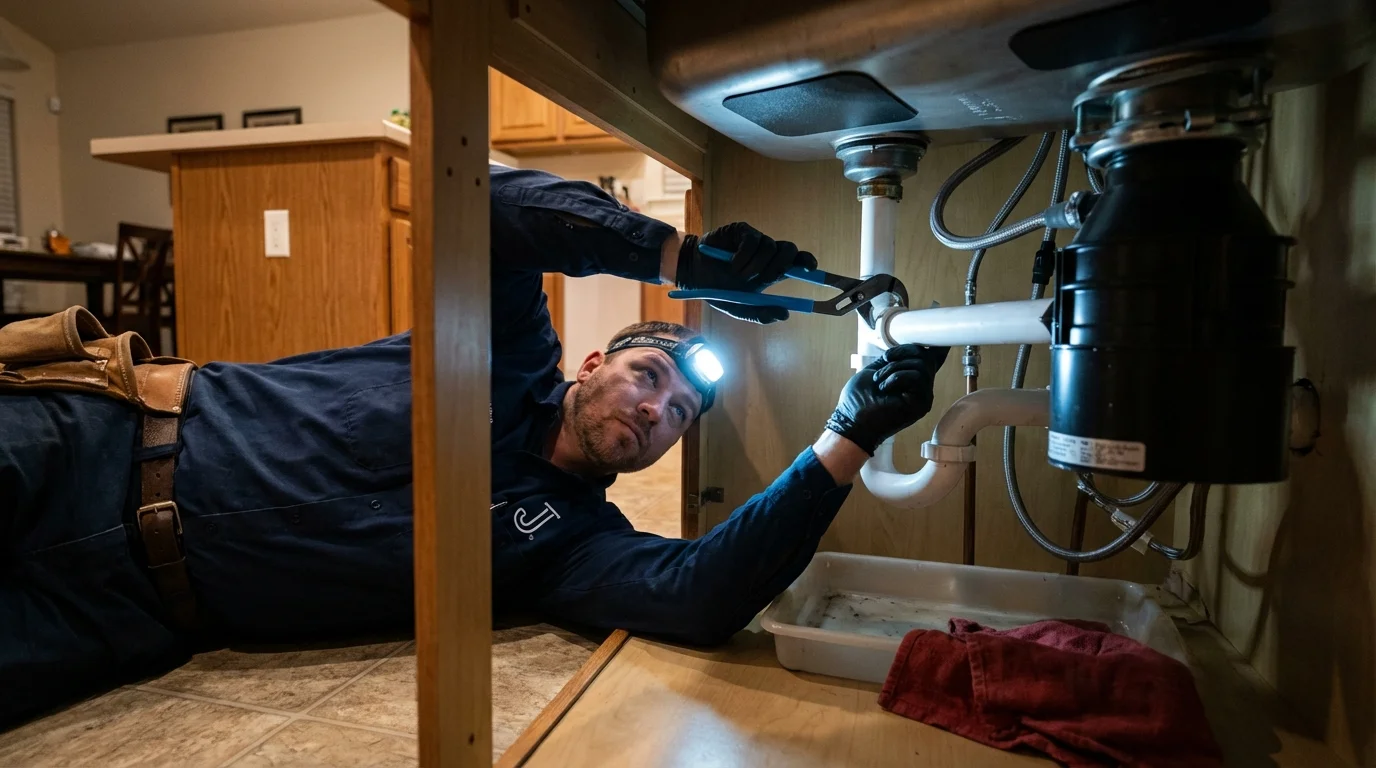 P-trap and supply line connections under a kitchen sink showing a common leak point in Lewisburg, TN